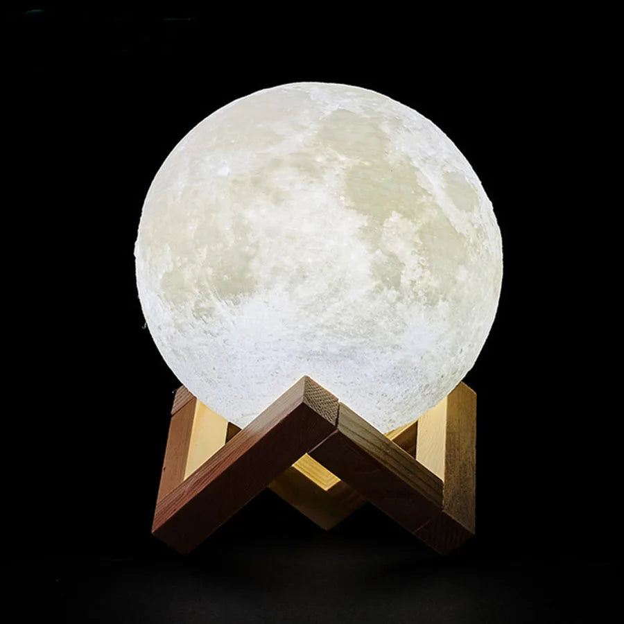 3D Moon Lamp – Rechargeable Night Light with Wooden Stand